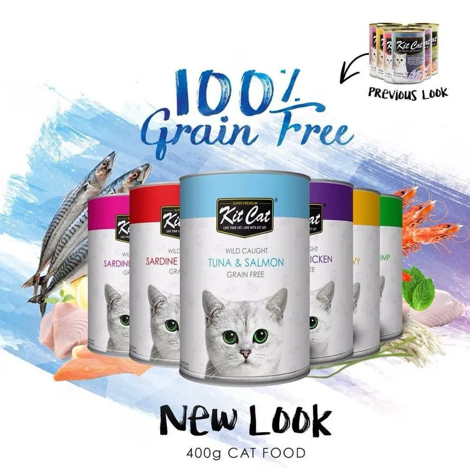 Kit Cat Super Premium Wet Cat Food 400g Can for Adult/Kitten Grain-Free, Wild-Caught, KitCat