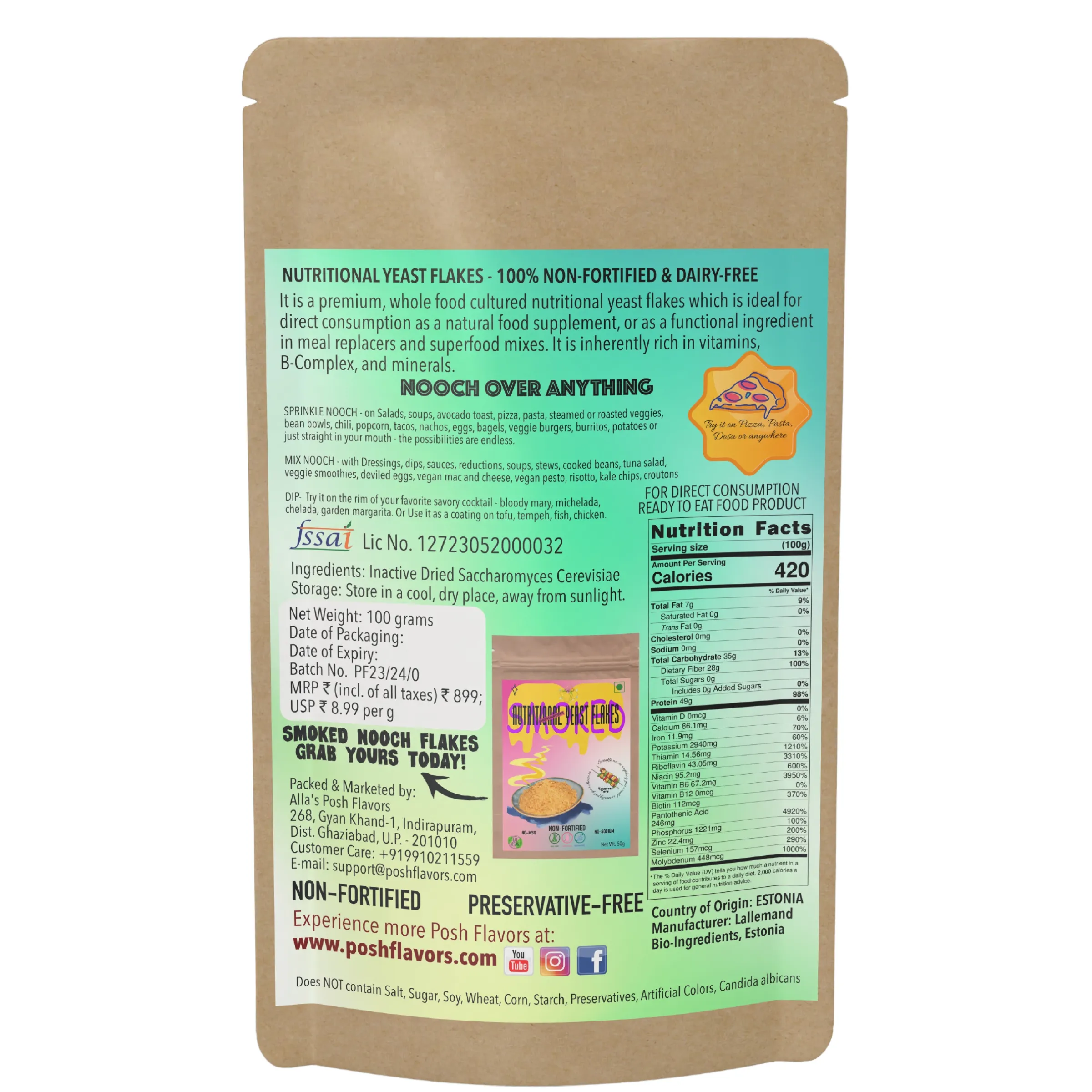 Nutritional Yeast Flakes | Dairy-Free | Gluten-Free | Soy-Free | Unfortified | Imported from Europe | 100 grams Pack