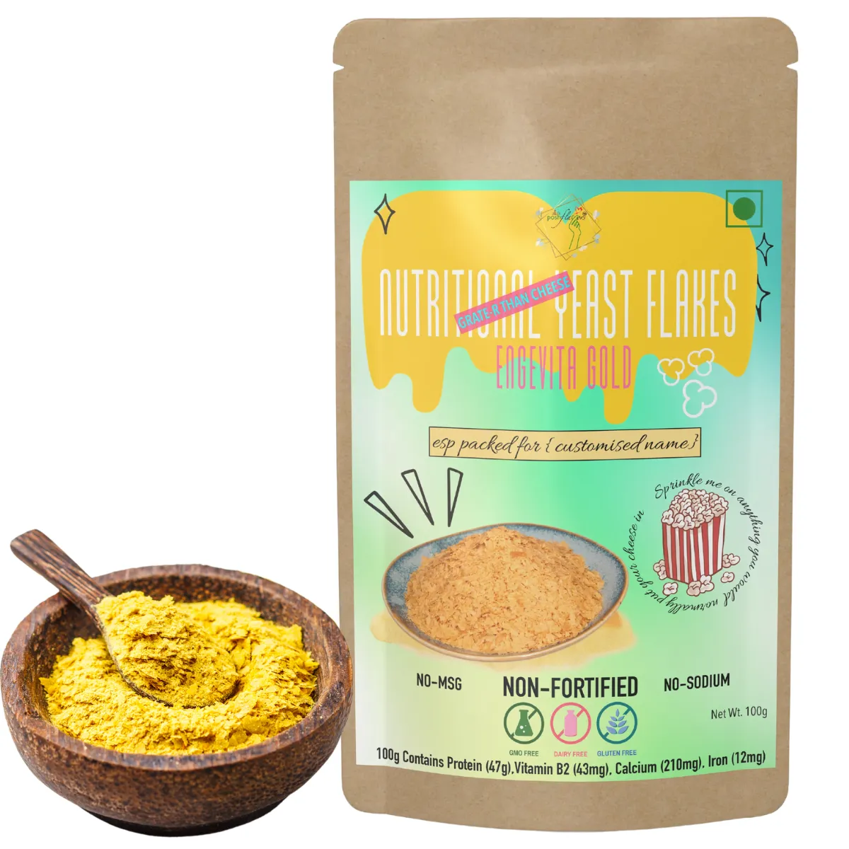 Nutritional Yeast Flakes | Dairy-Free | Gluten-Free | Soy-Free | Unfortified | Imported from Europe | 100 grams Pack