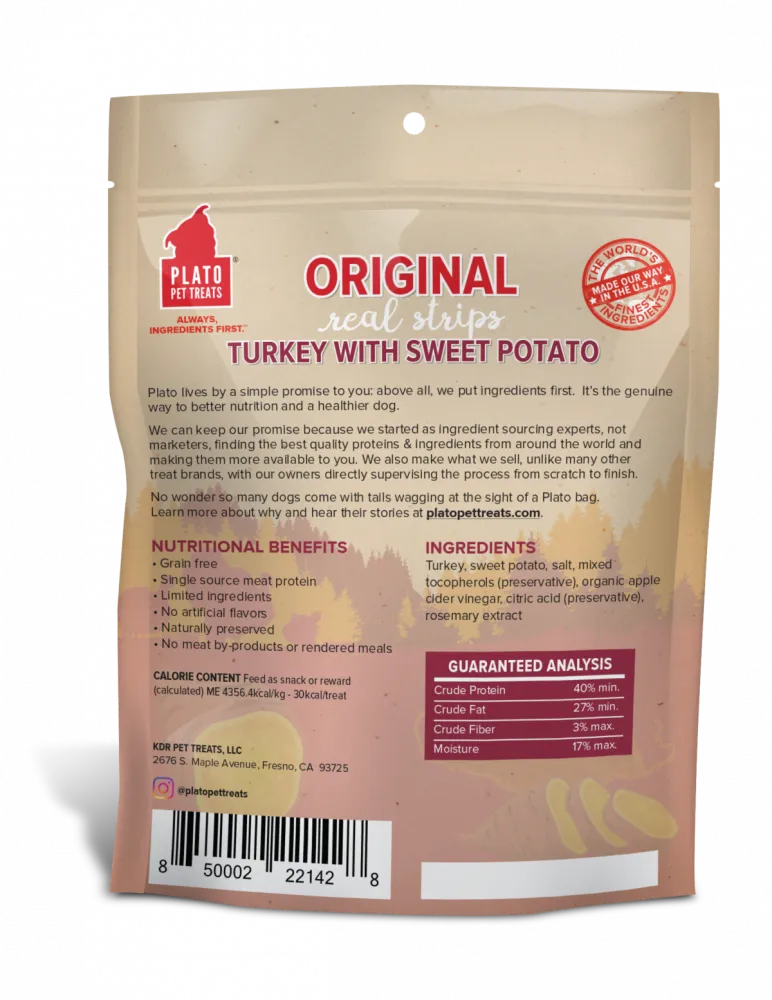 Plato Grain Free Real Strips Turkey With Sweet Potato Dog Treats