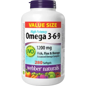 Webber Naturals Omega 3-6-9 1200 mg Softgels Fish, Flax & Borage, 280 softgels (Value Size)