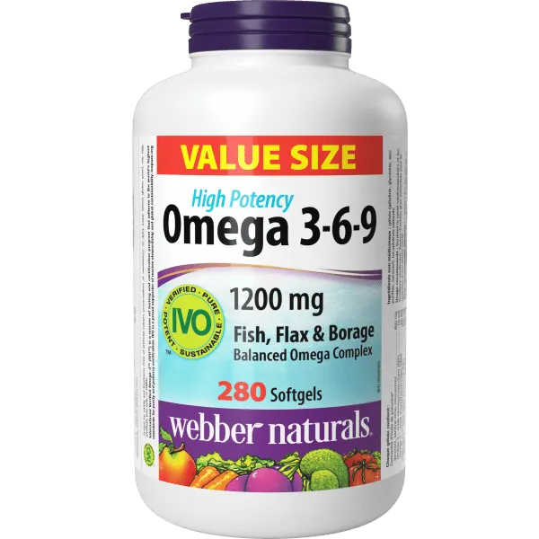 Webber Naturals Omega 3-6-9 1200 mg Softgels Fish, Flax & Borage, 280 softgels (Value Size)