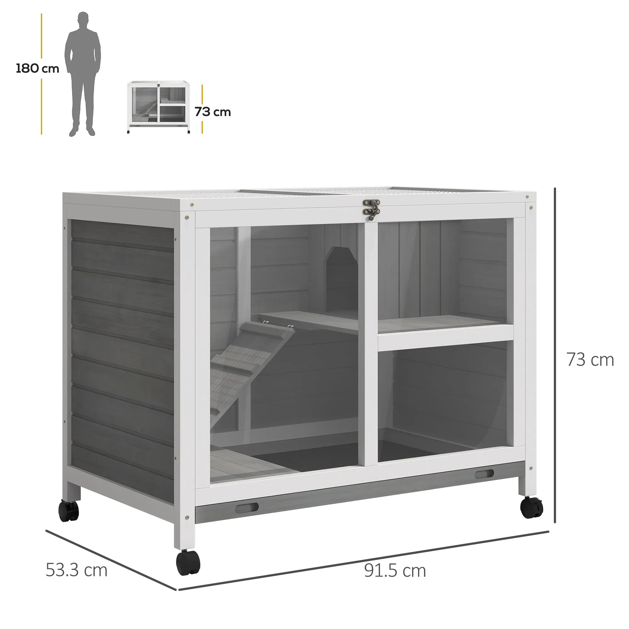 Wooden Rabbit Hutch Guinea Pigs House Bunny Small Animal Cage w/ Pull-out Tray Openable Roof Wheels 91.5 x 53.3 x 73 cm, Grey