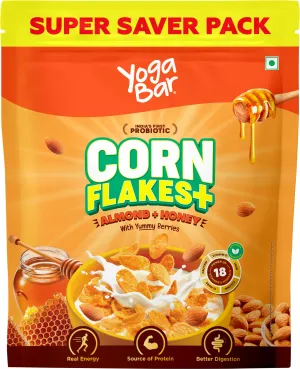 Yogabar Cornflakes with Almonds, Honey & Berries | Healthy Crunchy Breakfast Cereals with Probiotics 850g | Real Honey & Almond